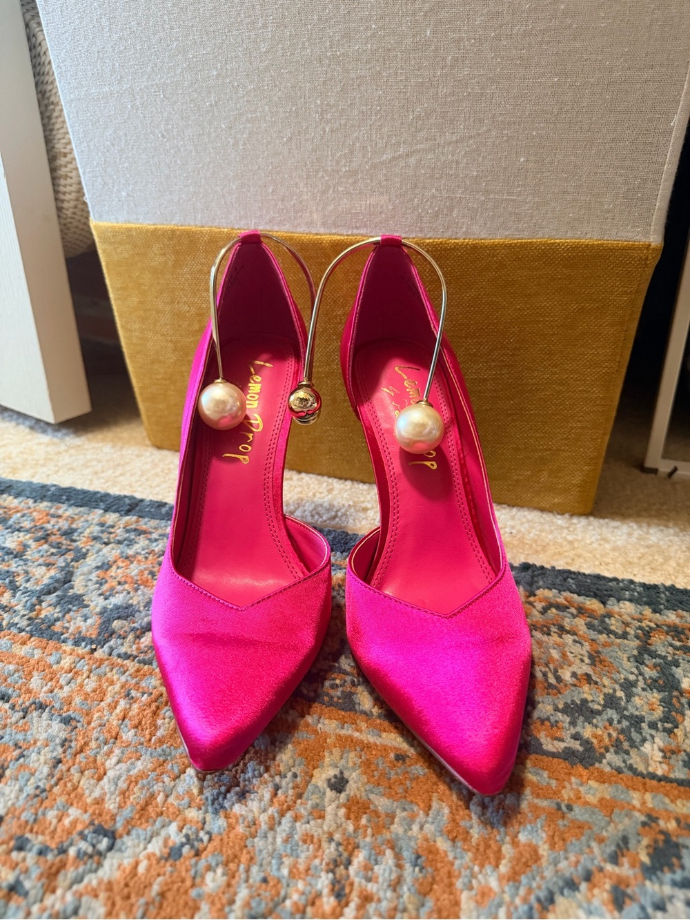 Lemon Hot Pink Satin Pearl-Accent Women’s Pumps